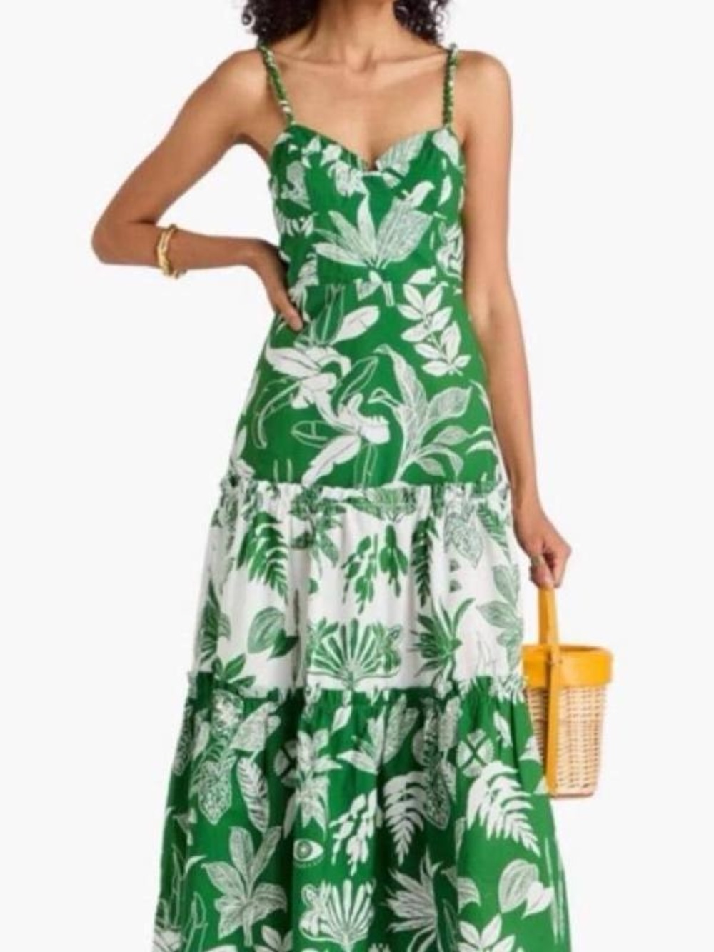 FARM Rio Green and White Botanical Tiered Maxi Dress Long Boho Vacation sz M